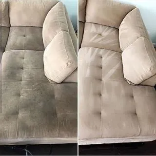 Beige microfiber sofa before and after cleaning, side by side