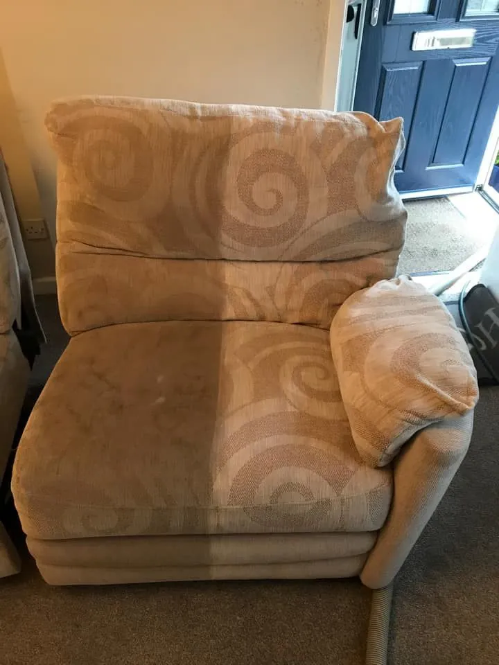 Patterned armchair with the cleaned side visibly brighter than the dirty side
